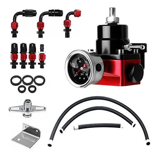 EFI Fuel Pressure Regulator Kit with Bypass Return 0100psi Pressure Gauge AN66AN Fuel Line Hose Fitting Connectors Kit Adjustable Universal Aluminum Black Red
