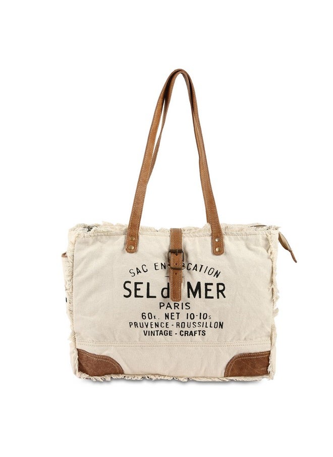 vintage crafts - Bags Sel De Mer Upcycled Canvas Hand Bag Canvas Messenger Bag & Cowhide Tote Bag With Pockets Zipper Closure For Women (White) - Image 1