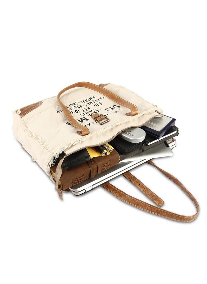 vintage crafts - Bags Sel De Mer Upcycled Canvas Hand Bag Canvas Messenger Bag & Cowhide Tote Bag With Pockets Zipper Closure For Women (White) - Image 1