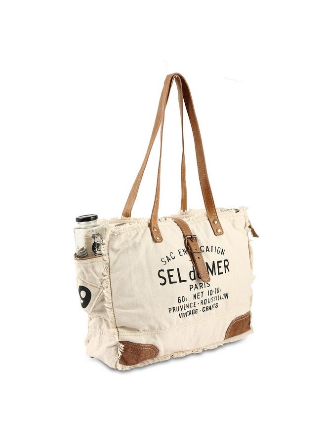 vintage crafts - Bags Sel De Mer Upcycled Canvas Hand Bag Canvas Messenger Bag & Cowhide Tote Bag With Pockets Zipper Closure For Women (White) - Image 1