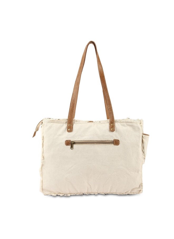 vintage crafts - Bags Sel De Mer Upcycled Canvas Hand Bag Canvas Messenger Bag & Cowhide Tote Bag With Pockets Zipper Closure For Women (White) - Image 1