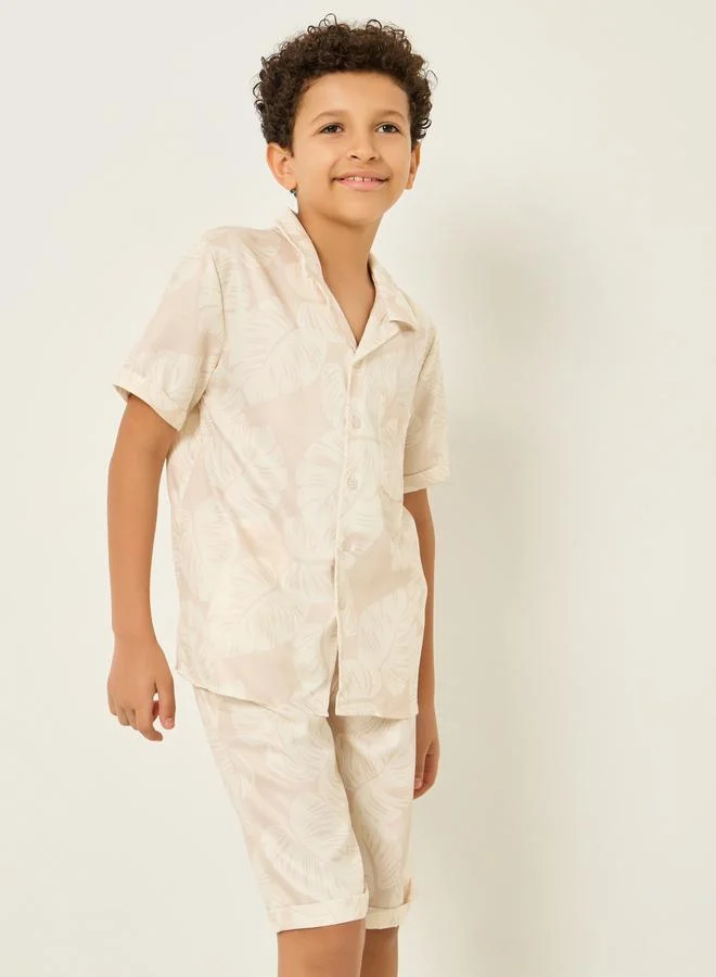 Styli Boys Beige Tropical Print Shirt and Shorts Set