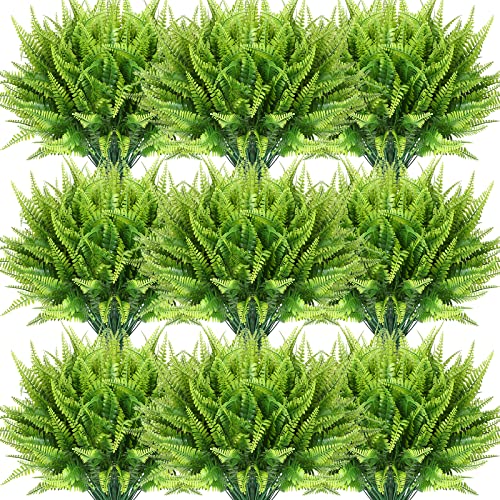 Cindeer 60 Pcs Artificial Boston Fern Plants Fake Boston Fern Stems UV Resistant Faux Plants Artificial Outdoor Plastic Bushes Bulk for Hanging Office Porch Window Home Decorations