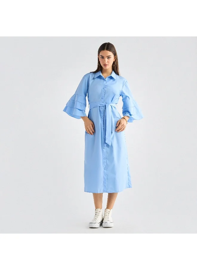 FAV Solid Shirt Dress with Ruffle Sleeves and Belt