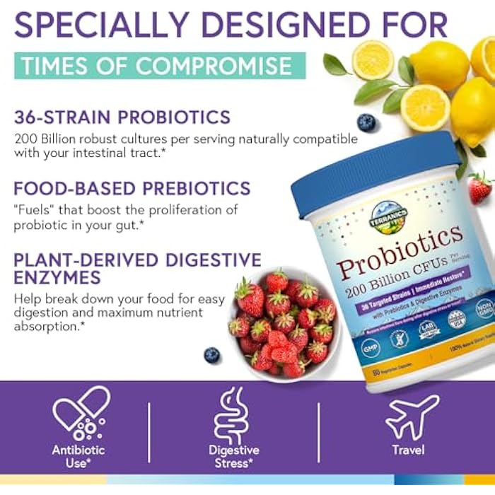 Terranics Daily Probiotics for Men & Women, 200 Billion 36 Strains Immediate Restore Probiotics, with Prebiotics & Enzymes, Delayed Release, Shelf Stable, 60 Veggie Caps - Image 3
