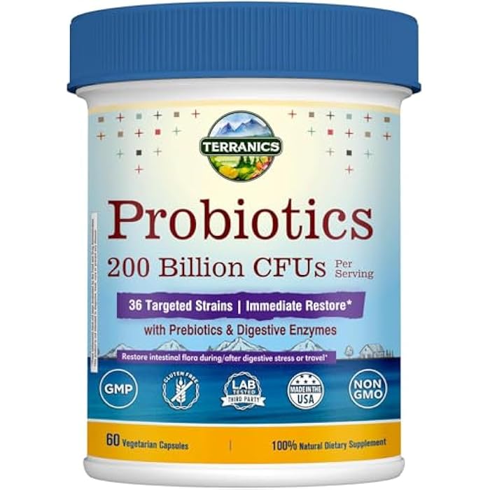 Terranics Daily Probiotics for Men & Women, 200 Billion 36 Strains Immediate Restore Probiotics, with Prebiotics & Enzymes, Delayed Release, Shelf Stable, 60 Veggie Caps - Image 1