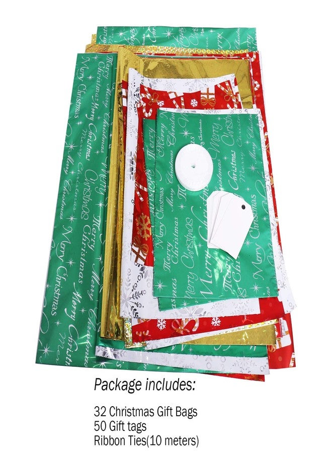 WesGen Christmas Gift Bags, 32Pcs Santa Wrapping Bag in 4 Sizes and 4 Designs with Ribbon Ties and Tags for Wrapping Holiday - Image 3