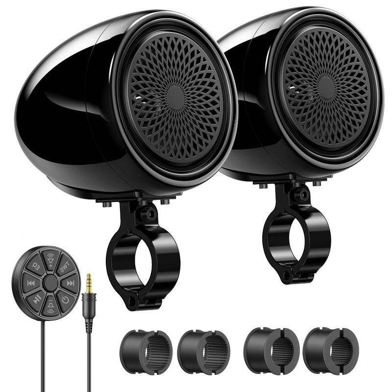 Ehaho 600W Motorcycle Speakers Bluetooth, 4'' Waterproof Stereo with Built-in Class-D Amplifier, Heavy Bass, USB, Wired Remote, 0.75-1.25" Universal Mount for Harley ATV UTV Golf Cart - Black - Image 1