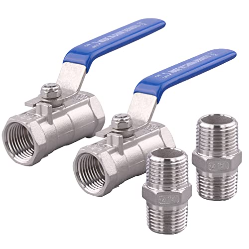 DERNORD 1PC Type Stainless Steel 12 Inch Ball Valve NPT Standard Port with Male Hex Nipple for Water Oil and Gas Pack of 2 - Image 1