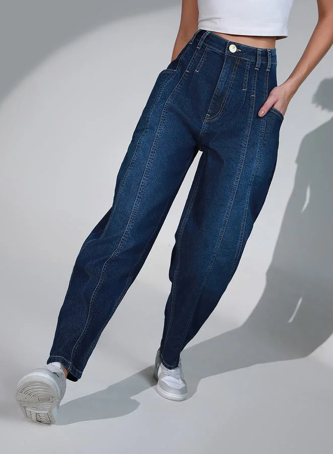 Hubberholme High Rise Balloon Fit Jeans with Pockets by Styli