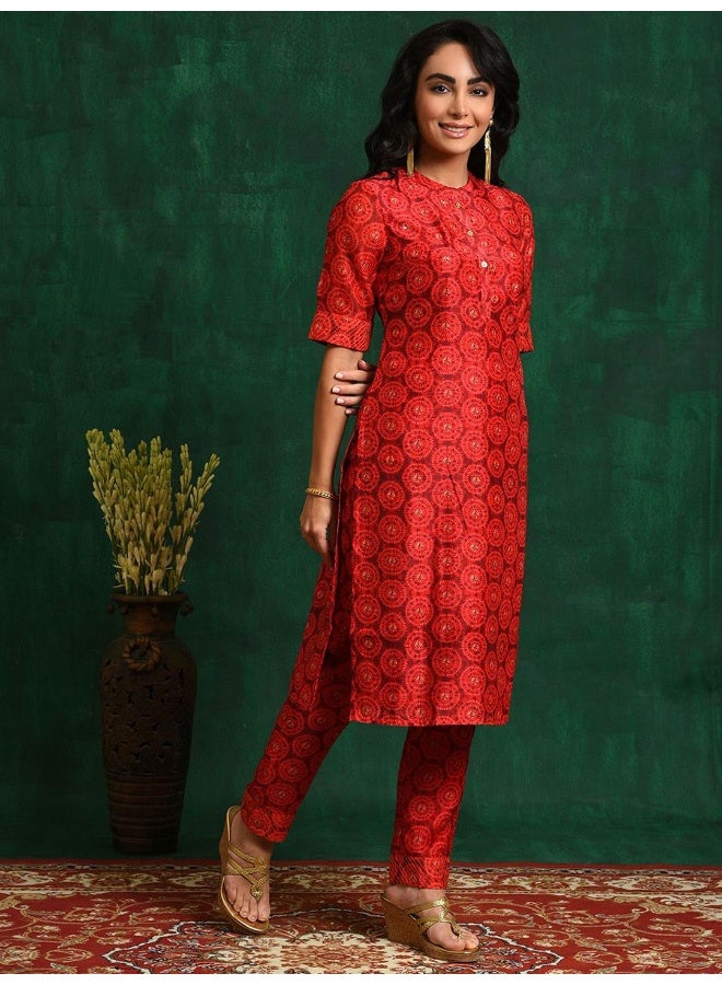 AKS Red Digital printed Chanderi Kurta Set  - Image 5