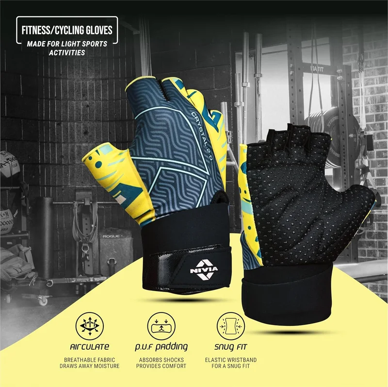 نيفيا Nivia Crystal 2.0 Gym Gloves with Strap for Men & Women - 4-Way Stretch Lycra, Dotted Puff Padded Palm, Ideal for Crossfit and Fitness Workouts (Yellow, M)