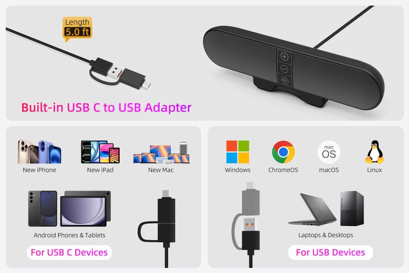XKX Computer Speakers for Desktop PC Monitor, USB Plug-in, Wired, Computer Soundbar for PC, Laptop Speakers with Adaptive-Channel-Switching, Loud Sound, Deep Bass, USB C Adapter, Easy to Clip on Monitor - Image 3