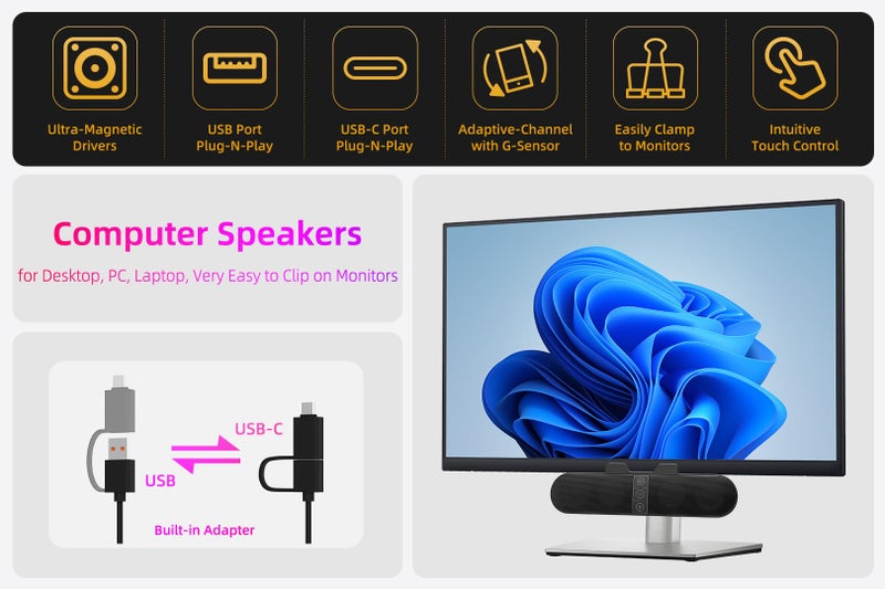 XKX Computer Speakers for Desktop PC Monitor, USB Plug-in, Wired, Computer Soundbar for PC, Laptop Speakers with Adaptive-Channel-Switching, Loud Sound, Deep Bass, USB C Adapter, Easy to Clip on Monitor - Image 2