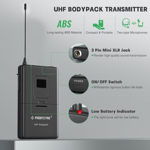Phenyx Pro Wireless Bodypack Transmitter, 561.6MHz UHF Cardioid Pattern Wireless BodyPack Microphone, Fixed Frequency, 260 FT Range, for PTU-5000/PTU-4000 Series (PWB-5-561.6) - Image 4