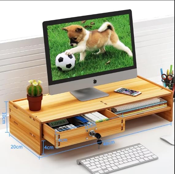 MUGATH Wood Monitor Stand Riser with Lockable Drawer 2 Tier Stable Computer Monitor Riser for Desk Organizer AntiSlip Laptop Riser Computer Monitor Shelf for PC Notebook Printer Computer