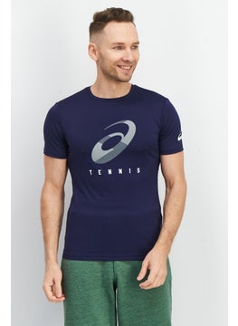 Men Sportswear Fit Crew Neck Short Sleeve Brand Logo T-Shirt, Navy Blue