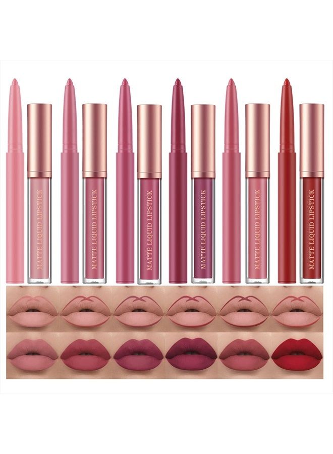 12Pcs Matte Liquid Lipstick + Lip Liner Pens Set, One Step Lips Makeup Sets Pigment Velvety Nude Lip Stain Waterproof Long Wear Lip Gloss Make up Gift Set (Set B)