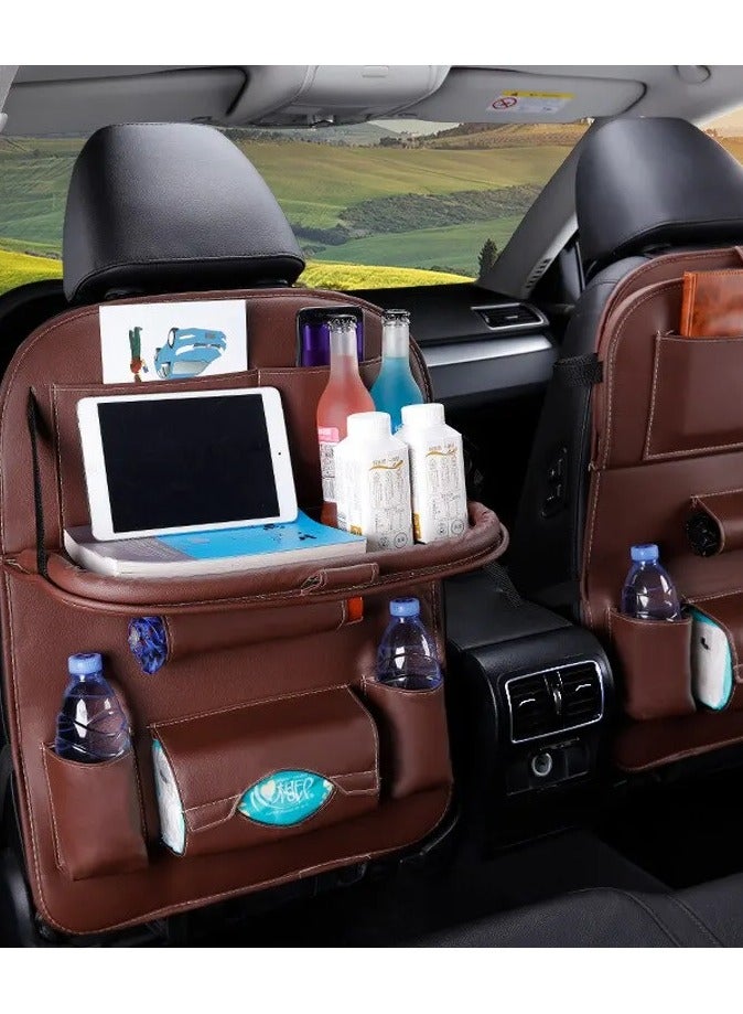 AROAQ Car Seat Back Organizer with Foldable Table Tray - PU Leather Storage & Kick Mats - Image 1