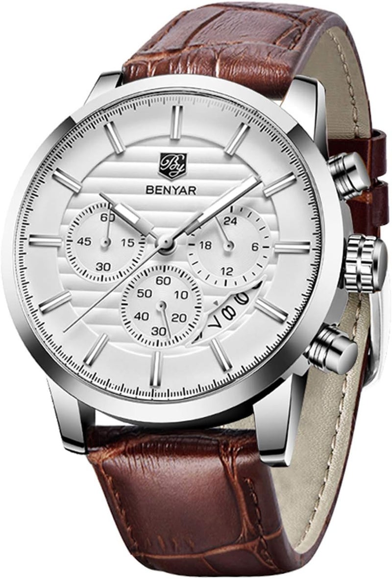 BENYAR Quartz Chronograph Waterproof Watch with Leather Band for Men - Coffee Silver White - Image 1