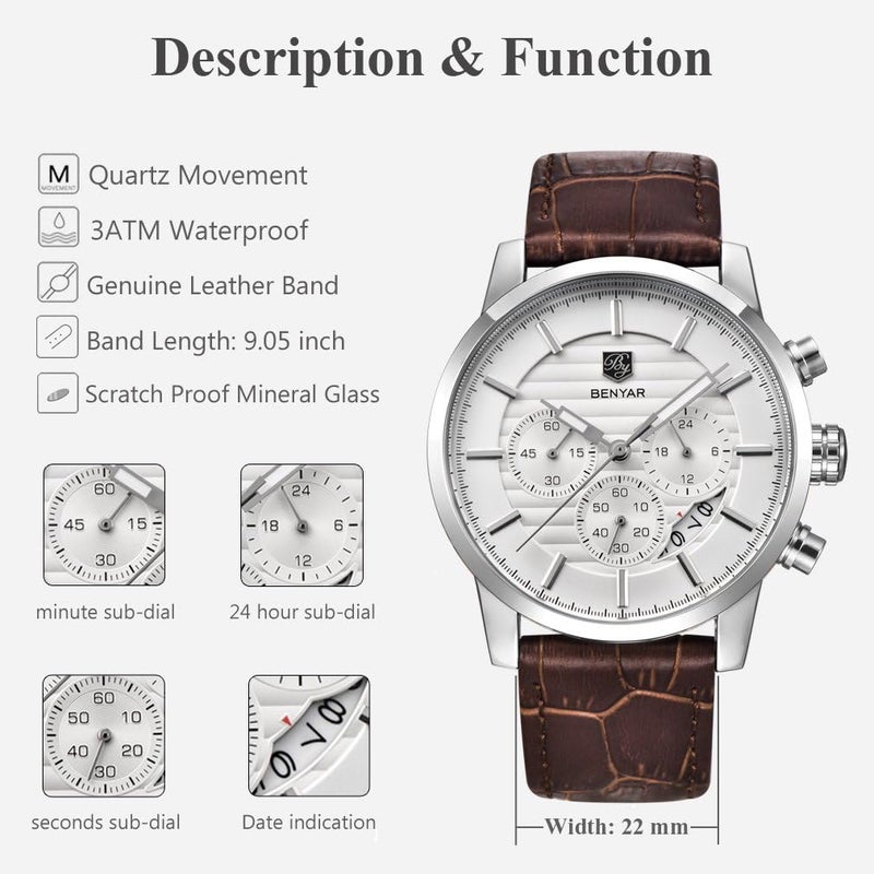 BENYAR Quartz Chronograph Waterproof Watch with Leather Band for Men - Coffee Silver White - Image 2
