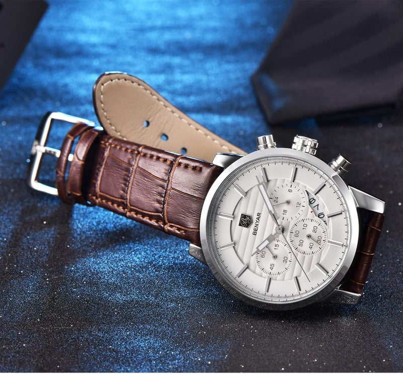 BENYAR Quartz Chronograph Waterproof Watch with Leather Band for Men - Coffee Silver White - Image 4