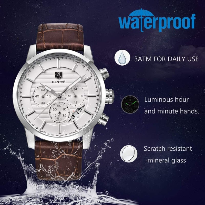 BENYAR Quartz Chronograph Waterproof Watch with Leather Band for Men - Coffee Silver White - Image 3