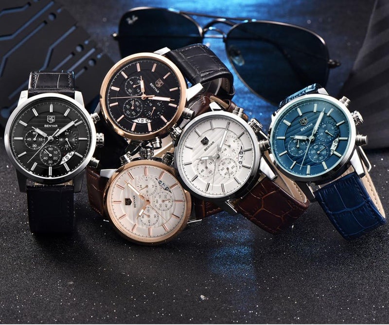 BENYAR Quartz Chronograph Waterproof Watch with Leather Band for Men - Coffee Silver White - Image 5