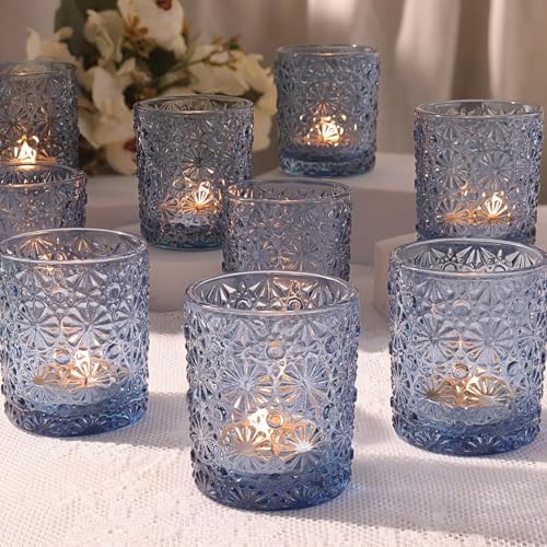 Lanttu Blue Votive Candle Holder Set of 12, Flower Tea Lights Candles Holders for Wedding Table Centerpieces, Birthday Parties, Home Decor, Blue Bridal Shower and Holiday Decorations - Image 1