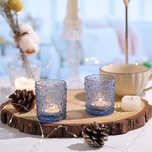 Lanttu Blue Votive Candle Holder Set of 12, Flower Tea Lights Candles Holders for Wedding Table Centerpieces, Birthday Parties, Home Decor, Blue Bridal Shower and Holiday Decorations - Image 5