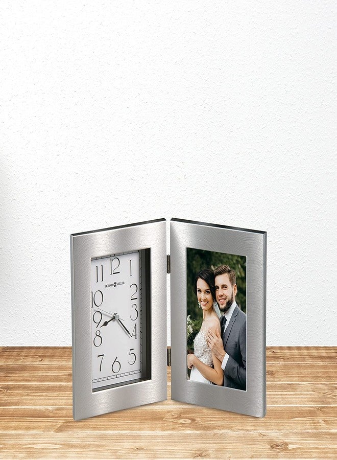 هوارد ميلر ساعة طاولة هوارد ميلر لويستون، إطار فضي وأبيض تناظري مقاس 4×6 بوصة مع زجاج كريستالي، تصميم مفصلي، تصميم عصري أنيق لديكور المنزل وغرفة المعيشة والمكتب، حركة كوارتز - Image 2