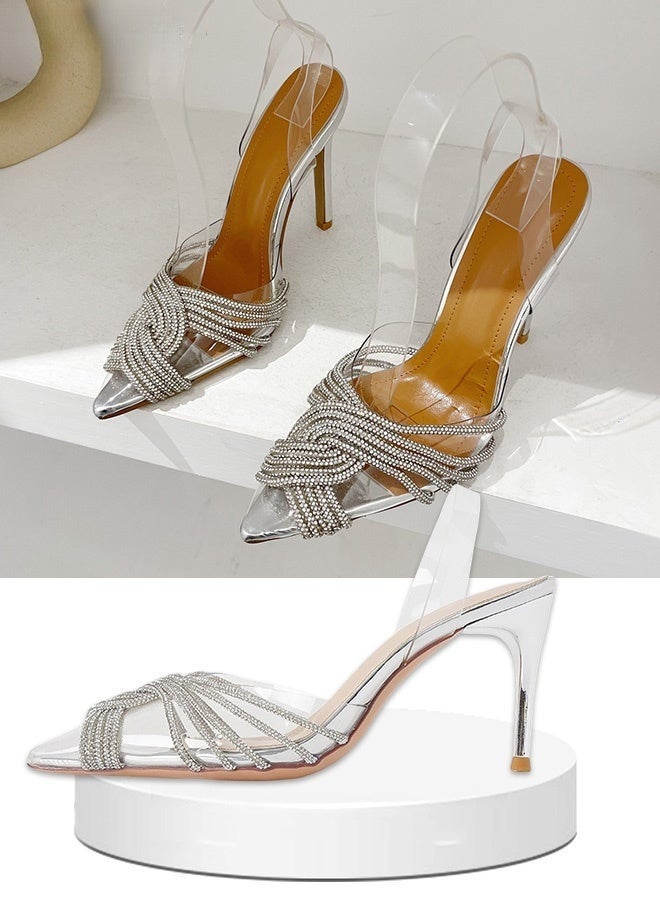 Women Rhinestone Decor Stiletto Heeled Pumps Elegant Banquet Slingback Pumps Ladies PVC Fashion Shiny Crystal High Heels Slip on Slingback Pointed Toe Wedding Sandals Summer Shoes Silver - Image 4