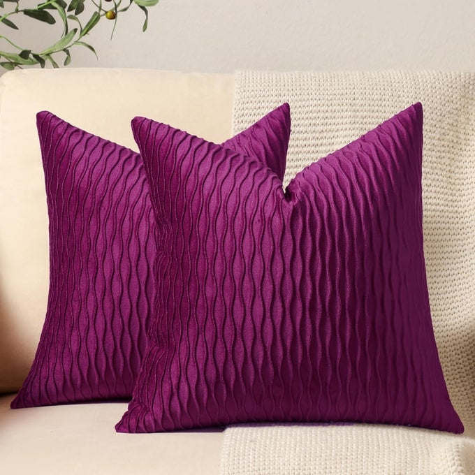 24X24 PURPLE THROW PILLOW CASES 2 PACK ORIGINAL STRIPED VELVET SQUARE DECORATIVE PILLOW COVERS FOR FARMHOUSE COUCH