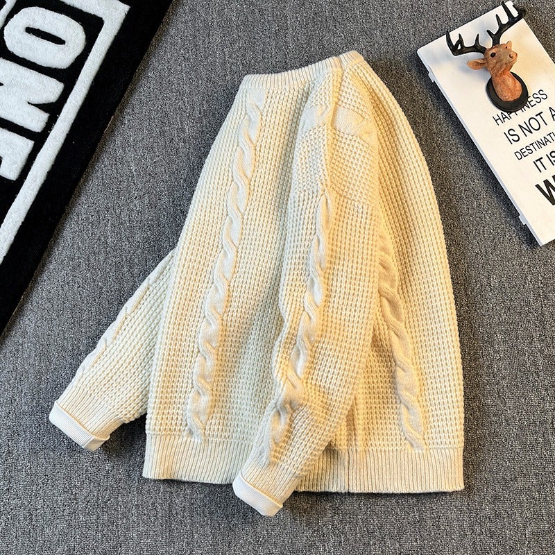 Cross-border Haowou Autumn and Winter Twist Crewneck Sweater Knitwear Mens and Womens Fashion Brand Lazy Style Base Shirt Simple Casual Fashion 5008 [apricot]