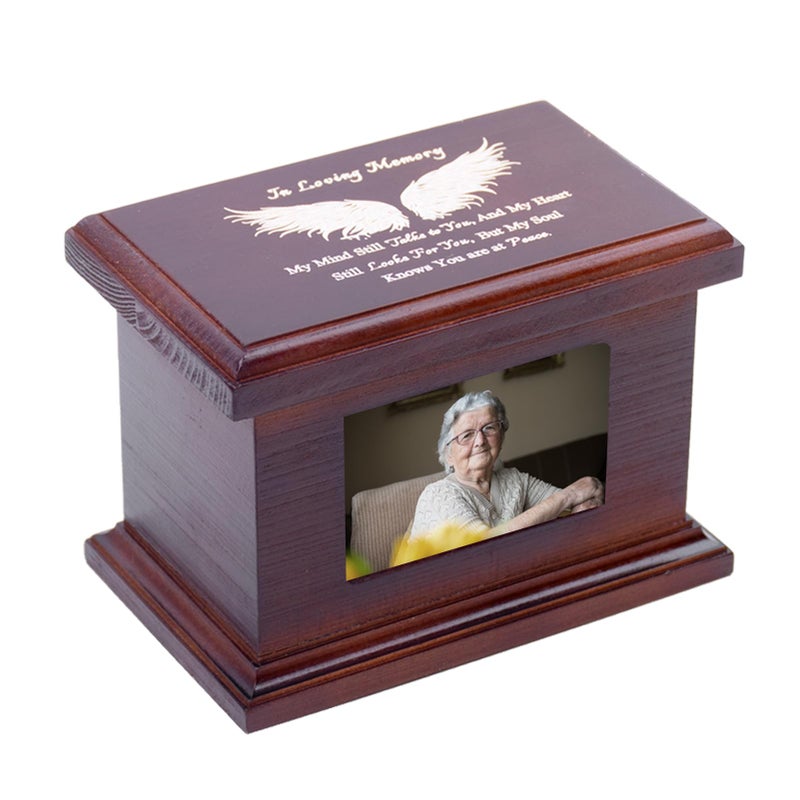 JOYSPARKING 5.5 Inch Small Wooden Memorial Urn with Photo Frame, Keepsake Urn Box for Human/Pet Ashes - Wing - Image 1
