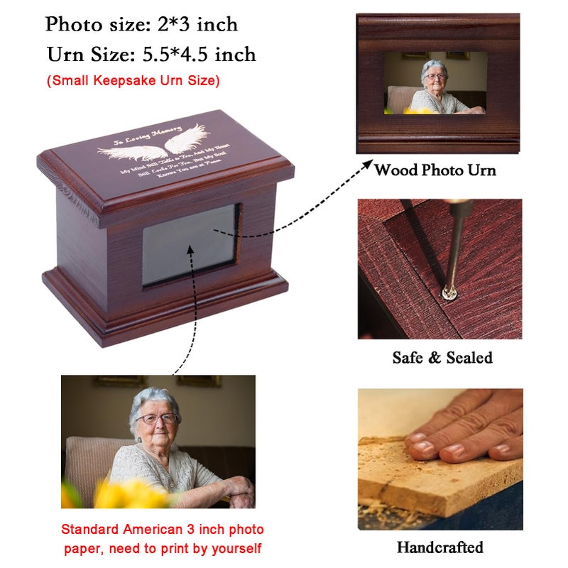 JOYSPARKING 5.5 Inch Small Wooden Memorial Urn with Photo Frame, Keepsake Urn Box for Human/Pet Ashes - Wing - Image 4