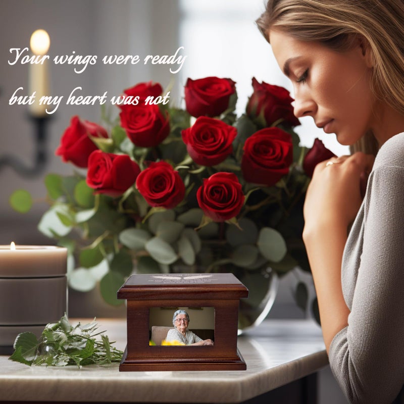 JOYSPARKING 5.5 Inch Small Wooden Memorial Urn with Photo Frame, Keepsake Urn Box for Human/Pet Ashes - Wing - Image 5