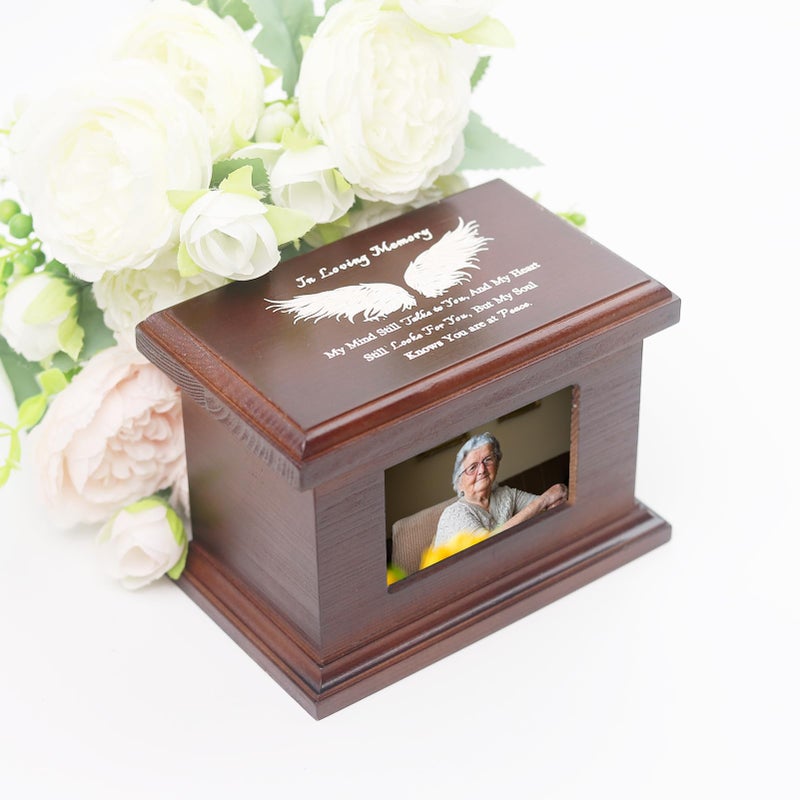 JOYSPARKING 5.5 Inch Small Wooden Memorial Urn with Photo Frame, Keepsake Urn Box for Human/Pet Ashes - Wing - Image 2