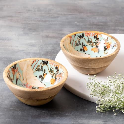 nestroots Elysian Flamingo Wooden Bowls Set of 2 | 6 Inch Snack Serving Bowls for Dry Fruits & Treats | Decorative Kitchen & Dining Bowl Set - Image 1