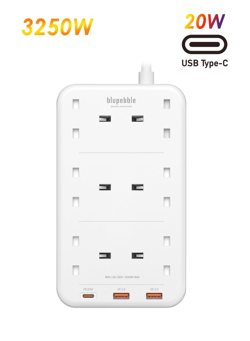 blupebble 6-Plug Surge Protector Power Strip with 6 Type-G Outlets, 20W USB-C PD, 2 USB-A Ports & 1.5M Cable – Heavy-Duty Extension Socket for Home & Office Use  - Image 1
