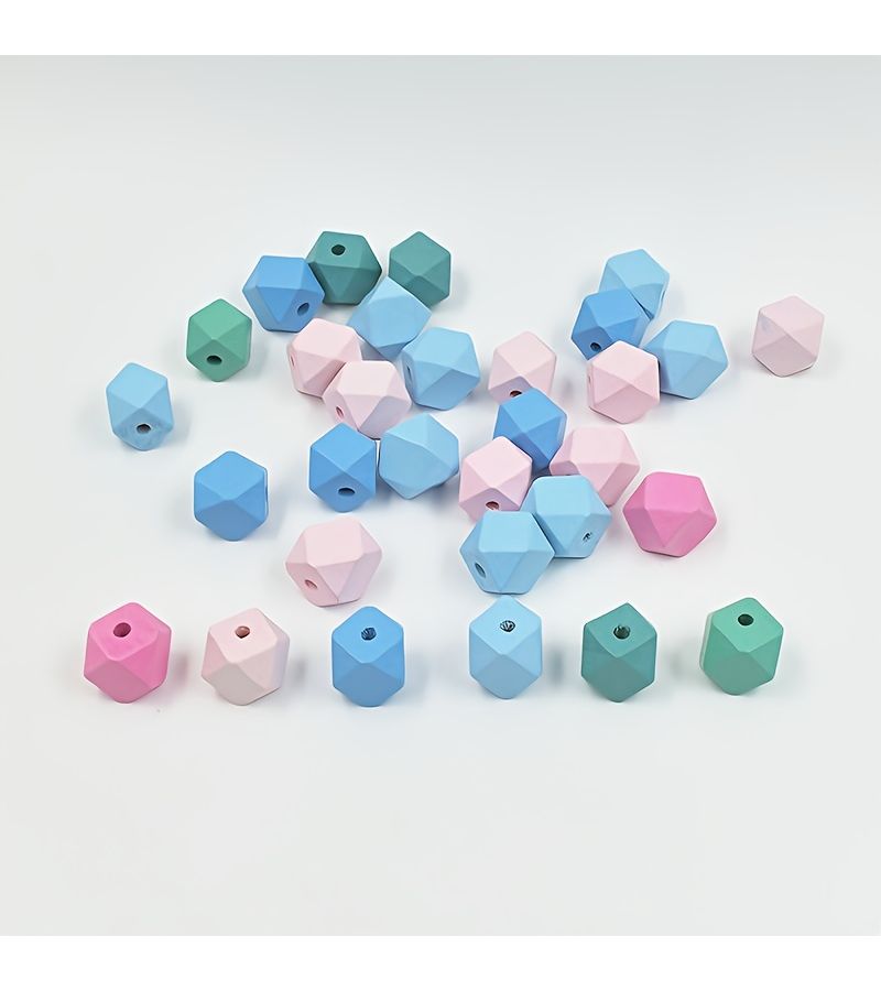 30 Geometric Faceted Polygonal Wooden Beads 15mm Colored Octagon with Holes for DIY Decoration - Image 2