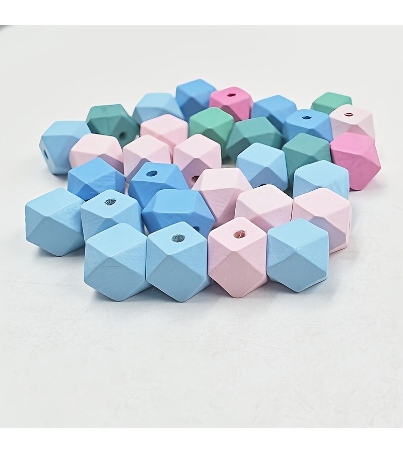 30 Geometric Faceted Polygonal Wooden Beads 15mm Colored Octagon with Holes for DIY Decoration - Image 1