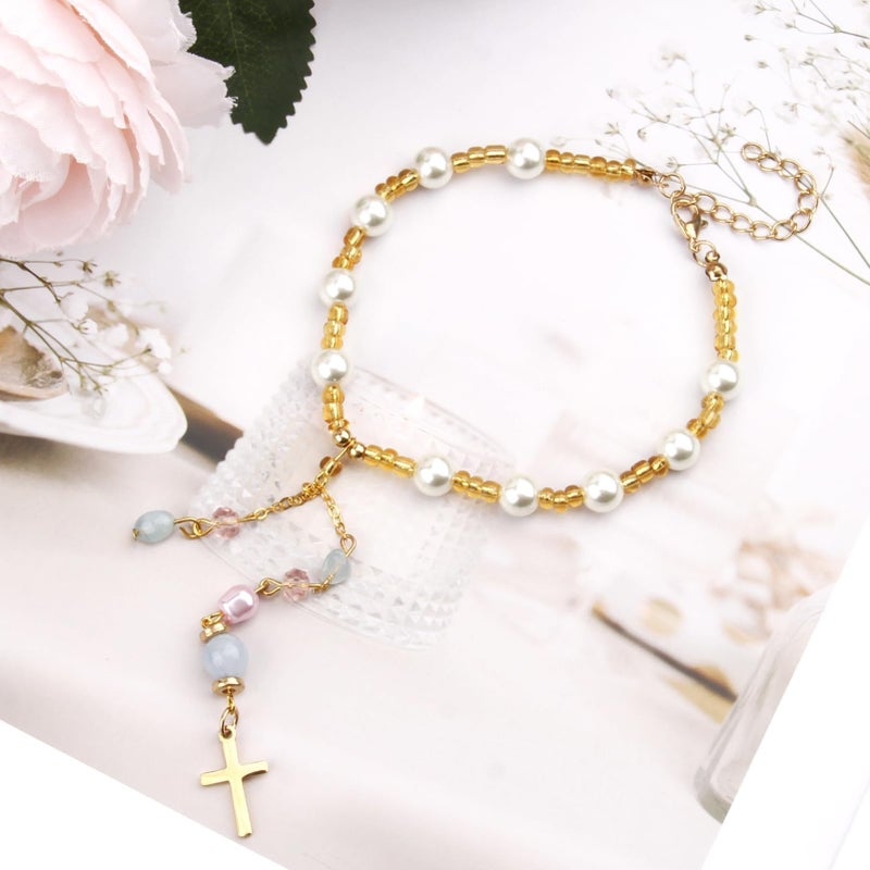 CZMZHFC Natural Jade Cross Car Hanging Ornament,Handmade Glass Beaded Charm with Pearl,Car Hanging Accessories Sun Catcher for Cars Rear View Mirror,Universal Rear View Mirror Accessories (Gold) - Image 2