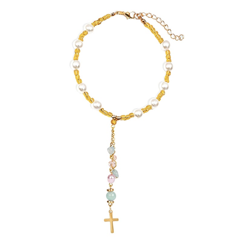 CZMZHFC Natural Jade Cross Car Hanging Ornament,Handmade Glass Beaded Charm with Pearl,Car Hanging Accessories Sun Catcher for Cars Rear View Mirror,Universal Rear View Mirror Accessories (Gold) - Image 1