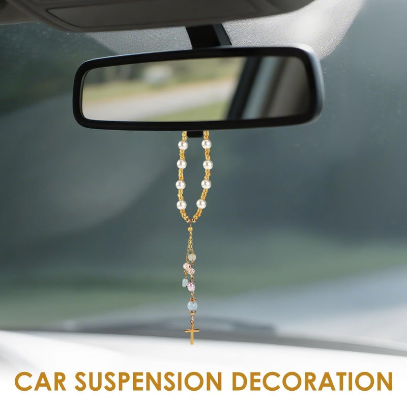 CZMZHFC Natural Jade Cross Car Hanging Ornament,Handmade Glass Beaded Charm with Pearl,Car Hanging Accessories Sun Catcher for Cars Rear View Mirror,Universal Rear View Mirror Accessories (Gold) - Image 4