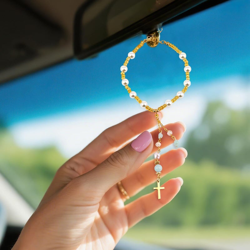 CZMZHFC Natural Jade Cross Car Hanging Ornament,Handmade Glass Beaded Charm with Pearl,Car Hanging Accessories Sun Catcher for Cars Rear View Mirror,Universal Rear View Mirror Accessories (Gold) - Image 3