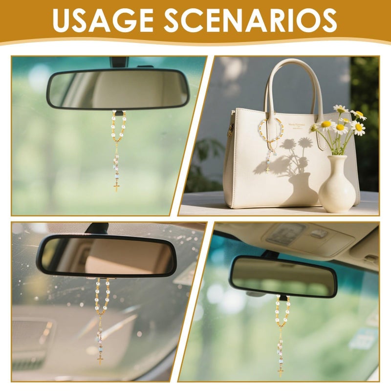 CZMZHFC Natural Jade Cross Car Hanging Ornament,Handmade Glass Beaded Charm with Pearl,Car Hanging Accessories Sun Catcher for Cars Rear View Mirror,Universal Rear View Mirror Accessories (Gold) - Image 5