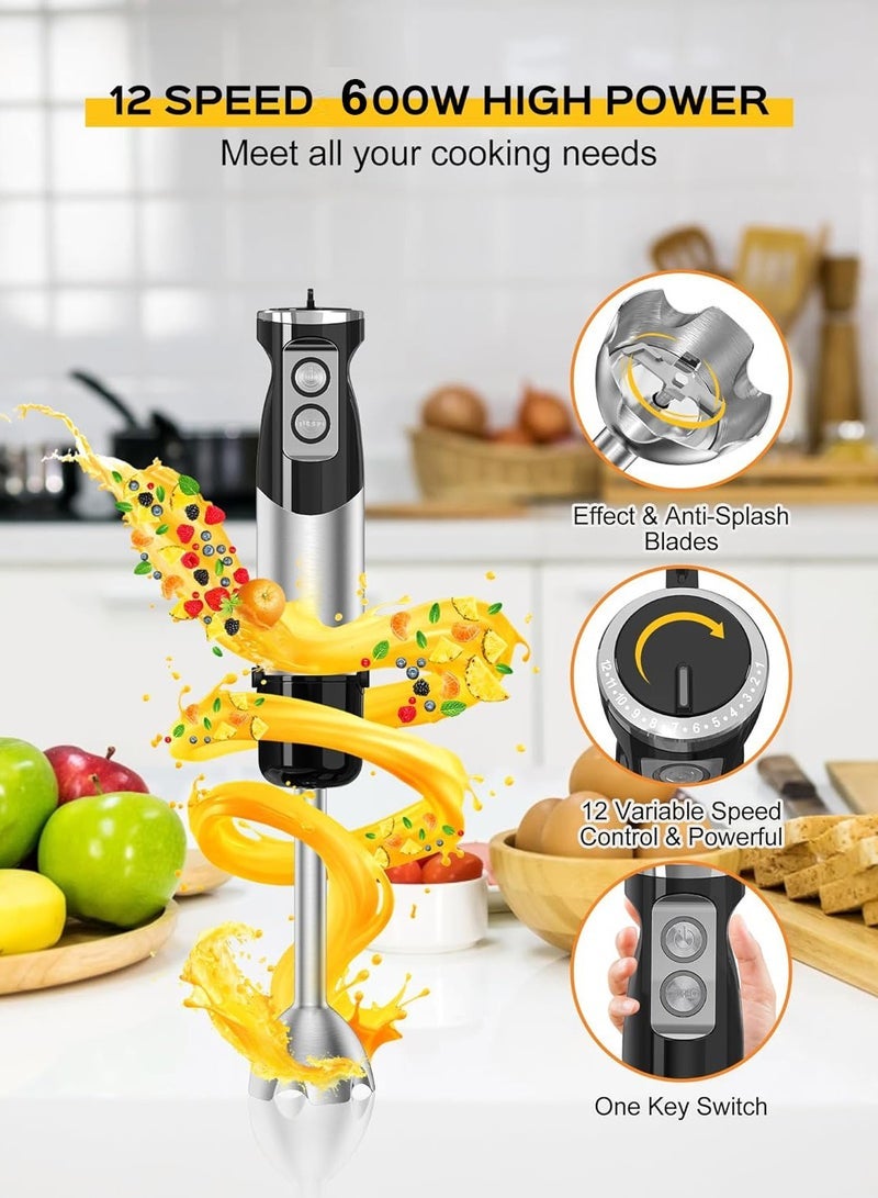6-in-1 Hand Blender, 600W 12 Speed Handheld Blender with 600ml Beaker, 500ml Chopper, Egg Whisk, Milk Frother, Stainless Steel Blades for Soup, Smoothie, Puree - Image 2