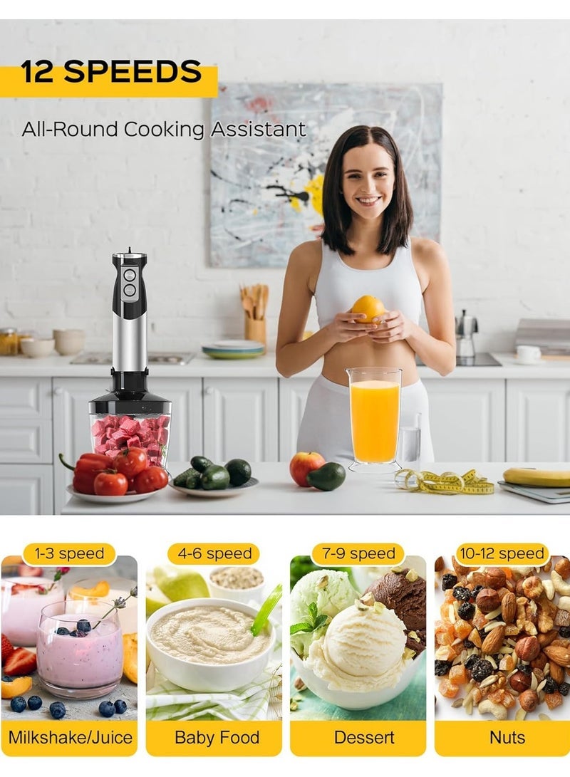 6-in-1 Hand Blender, 600W 12 Speed Handheld Blender with 600ml Beaker, 500ml Chopper, Egg Whisk, Milk Frother, Stainless Steel Blades for Soup, Smoothie, Puree - Image 3