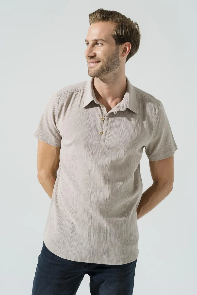 For You Man Organic 3 Button Short Sleeve Stone Shirt